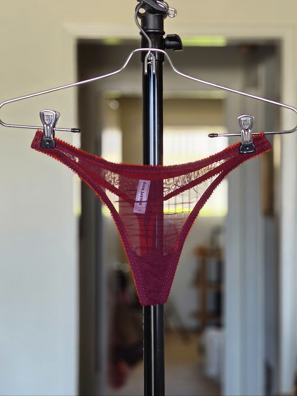 Dora Larsen Sheer Lace Thong Panties - Purple & Orange